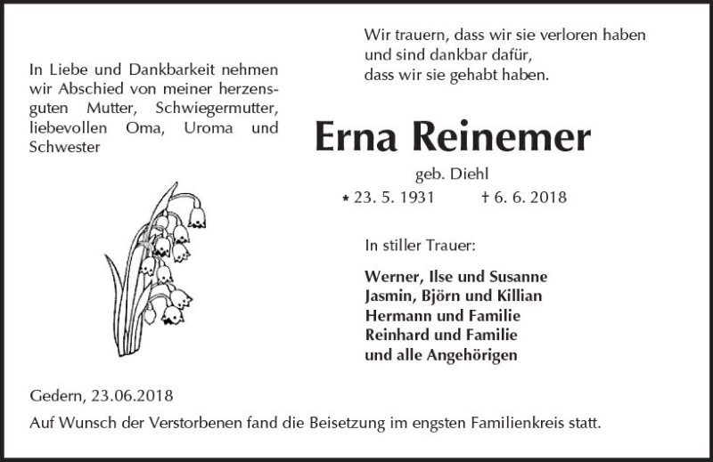  Traueranzeige für Erna Reinemer vom 23.06.2018 aus  Kreisanzeiger