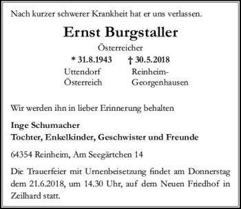 Traueranzeige von Ernst Burgstaller von Trauerportal Rhein Main Presse