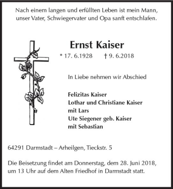 Traueranzeige von Ernst Kaiser von Trauerportal Rhein Main Presse