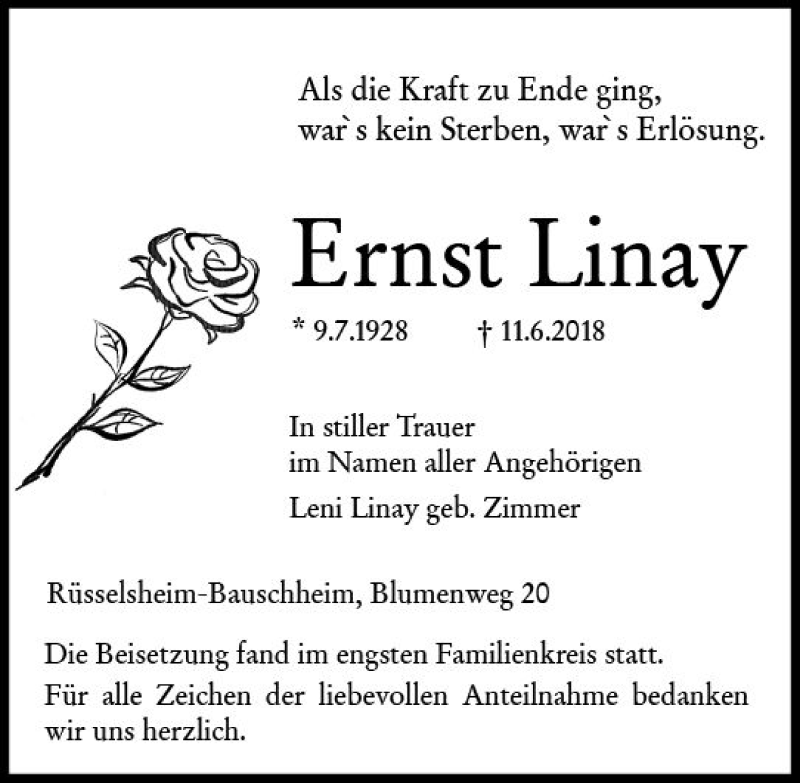  Traueranzeige für Ernst Linay vom 23.06.2018 aus Trauerportal Rhein Main Presse