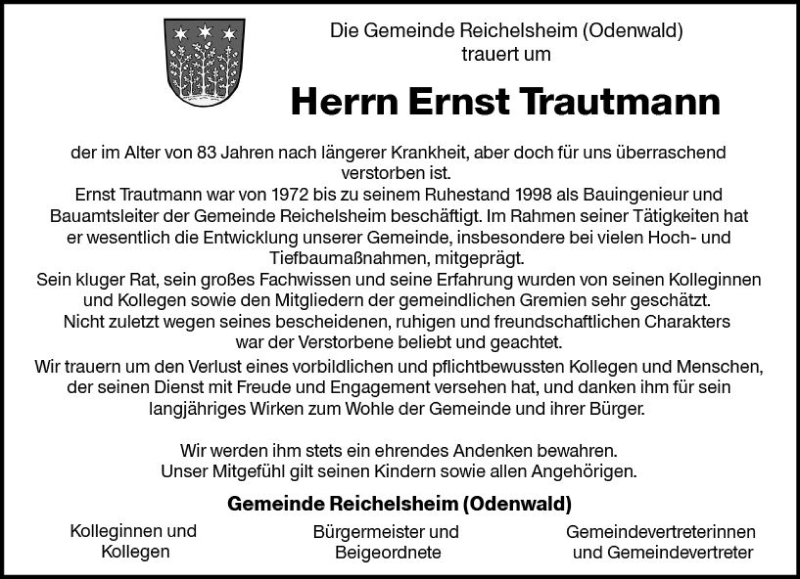  Traueranzeige für Ernst Trautmann vom 22.06.2018 aus Trauerportal Rhein Main Presse