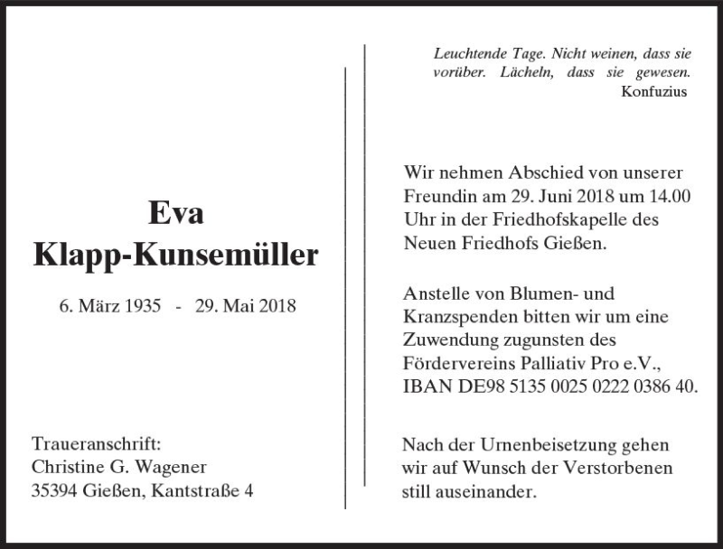 Traueranzeige für Eva Klapp-Kunsemüller vom 07.06.2018 aus  Gießener Anzeiger