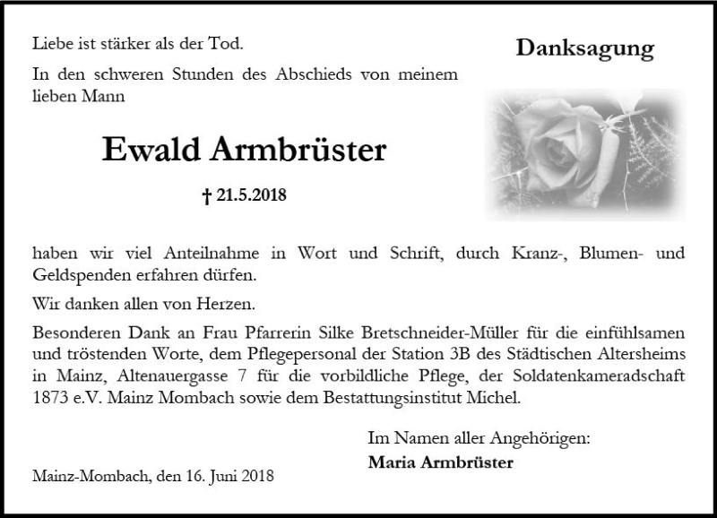  Traueranzeige für Ewald Armbrüster vom 16.06.2018 aus Trauerportal Rhein Main Presse
