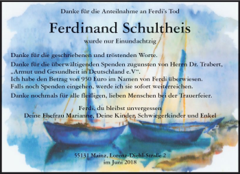 Traueranzeige von Ferdinand Schultheis von Trauerportal Rhein Main Presse