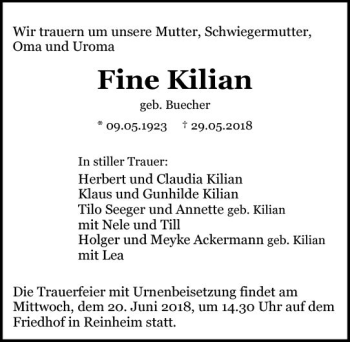 Traueranzeige von Fine Kilian von Trauerportal Rhein Main Presse