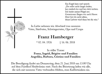 Traueranzeige von Franz Hamberger von Trauerportal Rhein Main Presse