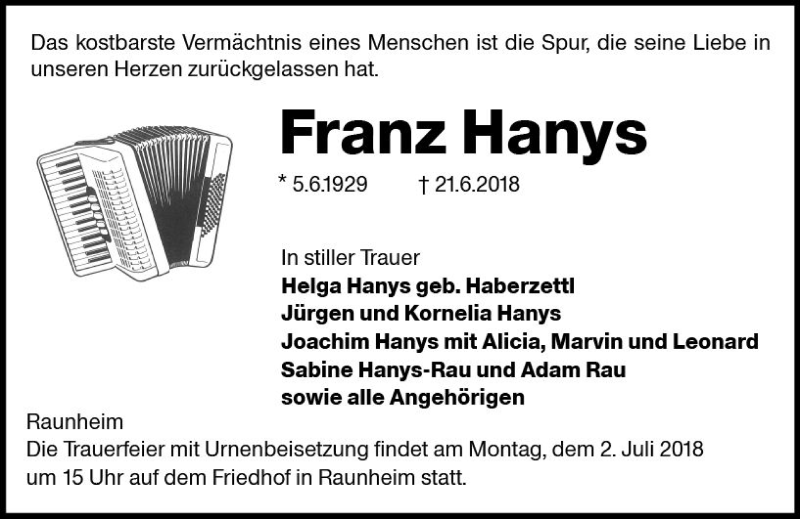  Traueranzeige für Franz Hanys vom 27.06.2018 aus Trauerportal Rhein Main Presse