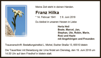 Traueranzeige von Franz Hilka von Trauerportal Rhein Main Presse