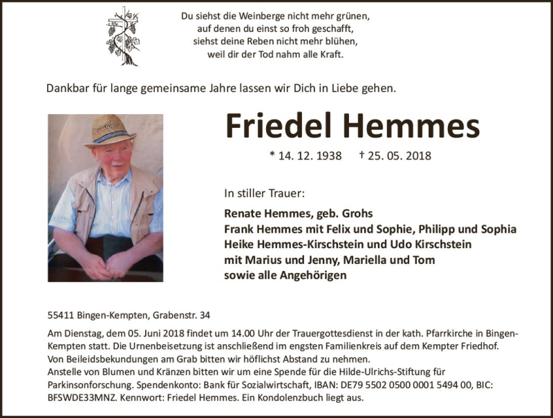 Traueranzeige für Friedel Hemmes vom 01.06.2018 aus Trauerportal Rhein Main Presse