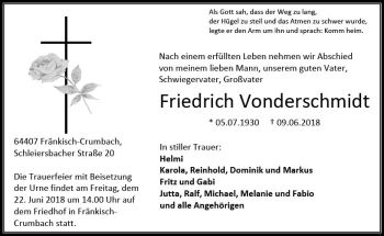 Traueranzeige von Friedrich Vonderschmidt von Trauerportal Rhein Main Presse