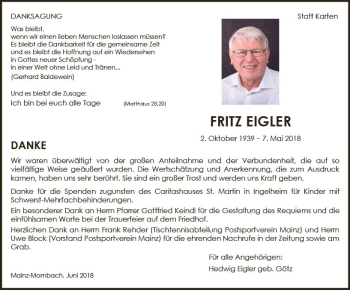 Traueranzeige von Fritz Eigler von Trauerportal Rhein Main Presse