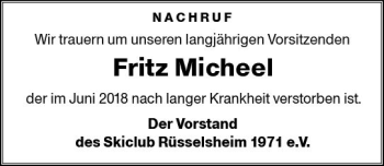 Traueranzeige von Fritz Micheel von Trauerportal Rhein Main Presse