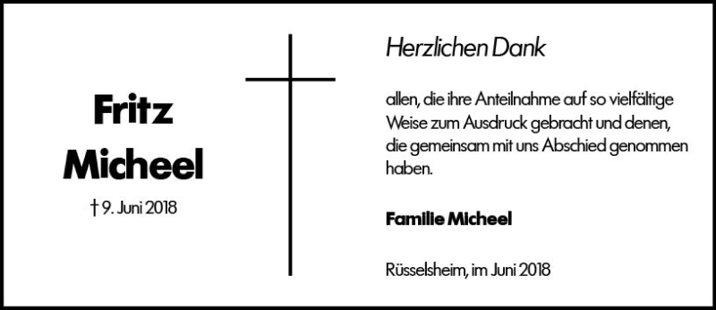  Traueranzeige für Fritz Micheel vom 30.06.2018 aus Trauerportal Rhein Main Presse