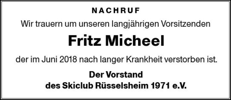  Traueranzeige für Fritz Micheel vom 18.06.2018 aus Trauerportal Rhein Main Presse