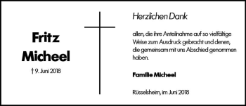 Traueranzeige von Fritz Micheel von Trauerportal Rhein Main Presse