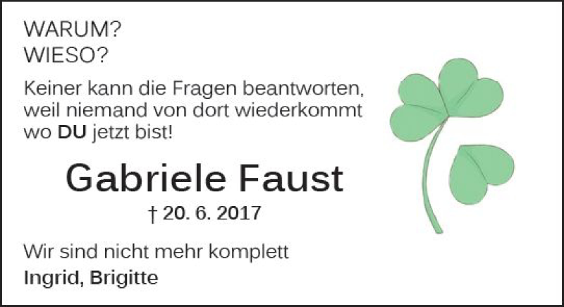  Traueranzeige für Gabriele Faust vom 23.06.2018 aus  Kreisanzeiger
