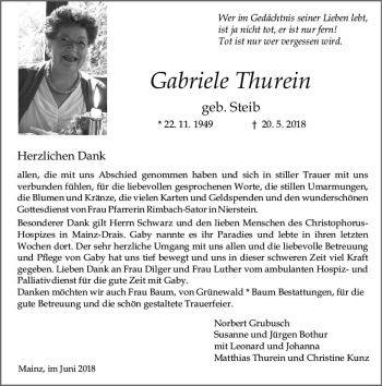 Traueranzeige von Gabriele Thurein von Trauerportal Rhein Main Presse