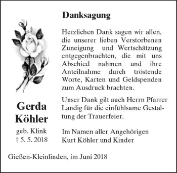 Traueranzeige von Gerda Köhler von  Gießener Anzeiger