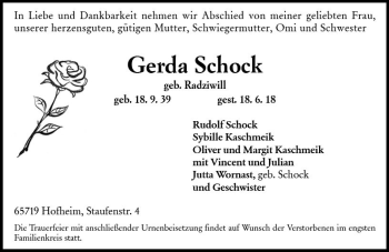 Traueranzeige von Gerda Schock von Trauerportal Rhein Main Presse
