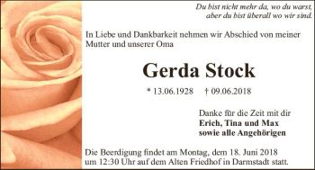 Traueranzeige von Gerda Stock von Trauerportal Rhein Main Presse