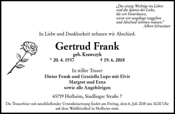 Traueranzeige von Gertrud Frank von Trauerportal Rhein Main Presse