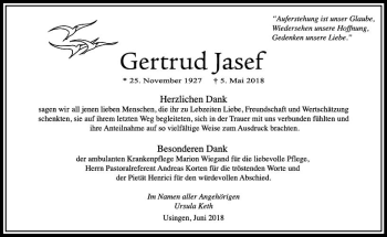 Traueranzeige von Gertrud Jasef von  Usinger Anzeiger