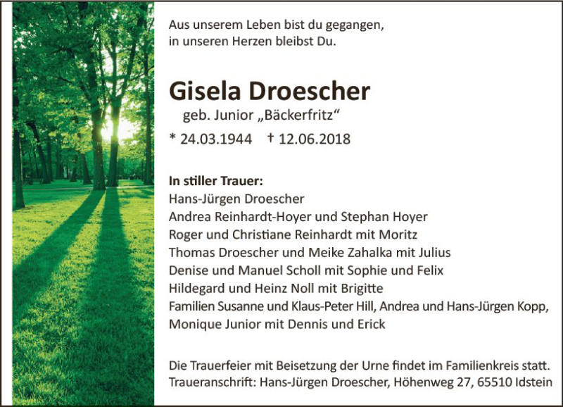  Traueranzeige für Gisela Droescher vom 23.06.2018 aus Trauerportal Rhein Main Presse