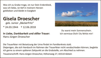 Traueranzeige von Gisela Droescher von Trauerportal Rhein Main Presse