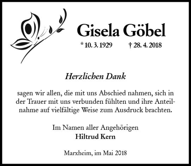  Traueranzeige für Gisela Göbel vom 01.06.2018 aus Trauerportal Rhein Main Presse
