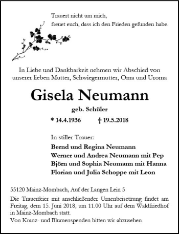 Traueranzeige von Gisela Neumann von Trauerportal Rhein Main Presse