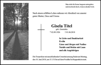 Traueranzeige von Gisela Titel von Trauerportal Rhein Main Presse