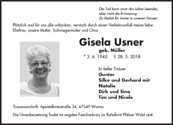 Traueranzeige von Gisela Usner von Trauerportal Rhein Main Presse