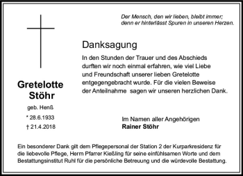 Traueranzeige von Gretelotte Stöhr von VRM Trauer