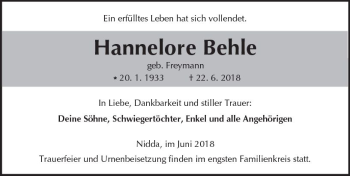 Traueranzeige von Hannelore Behle von  Kreisanzeiger