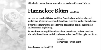 Traueranzeige von Hannelore Blüm von Trauerportal Rhein Main Presse