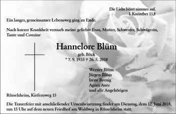 Traueranzeige von Hannelore Blüm von Trauerportal Rhein Main Presse