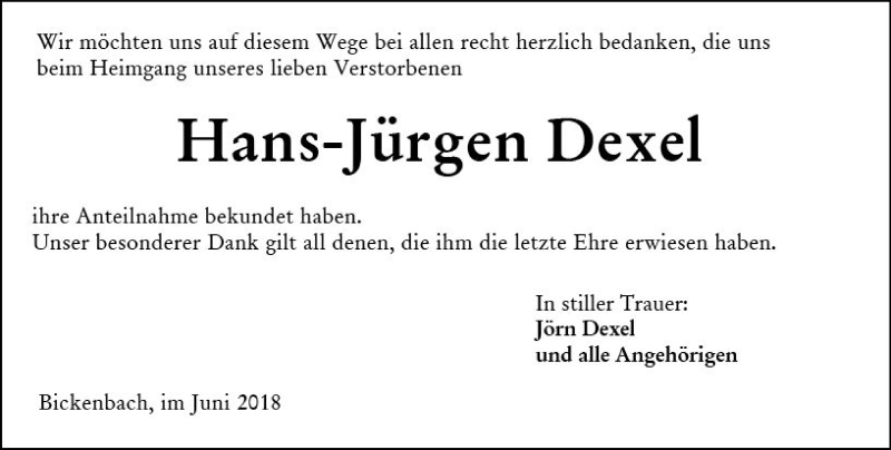  Traueranzeige für Hans-Jürgen Dexel vom 23.06.2018 aus Trauerportal Rhein Main Presse