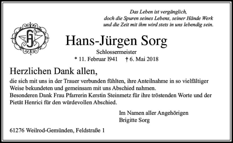  Traueranzeige für Hans-Jürgen Sorg vom 09.06.2018 aus  Usinger Anzeiger