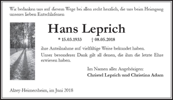 Traueranzeige von Hans Leprich von Trauerportal Rhein Main Presse