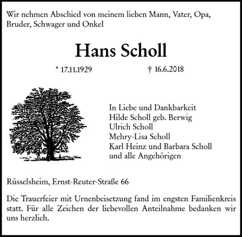  Traueranzeige für Hans Scholl vom 30.06.2018 aus Trauerportal Rhein Main Presse