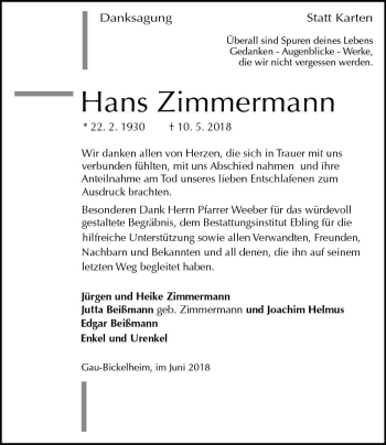Traueranzeige von Hans Zimmermann von Trauerportal Rhein Main Presse