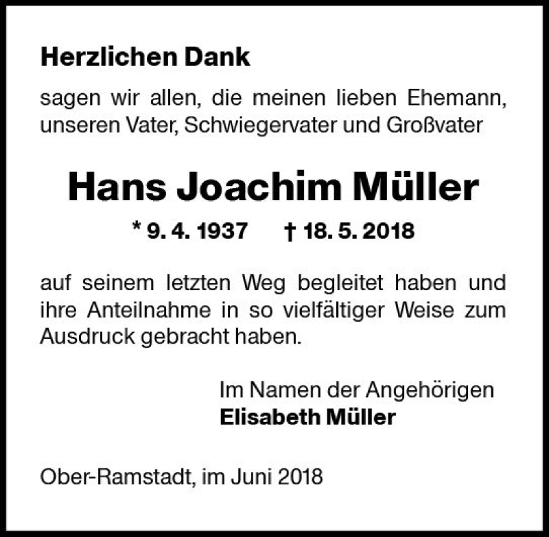  Traueranzeige für Hans Joachim Müller vom 02.06.2018 aus Trauerportal Rhein Main Presse
