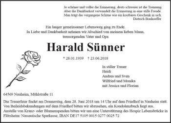 Traueranzeige von Harald Sünner von Trauerportal Rhein Main Presse