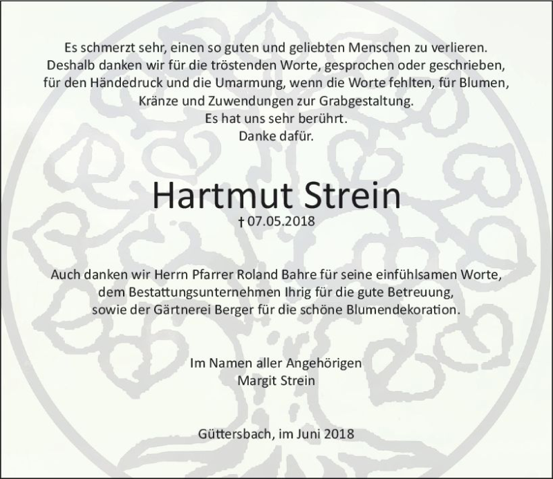  Traueranzeige für Hartmut Strein vom 09.06.2018 aus Trauerportal Rhein Main Presse