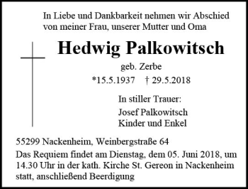 Traueranzeige von Hedwig Palkowitsch von Trauerportal Rhein Main Presse