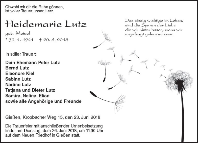  Traueranzeige für Heidemarie Lutz vom 23.06.2018 aus  Gießener Anzeiger