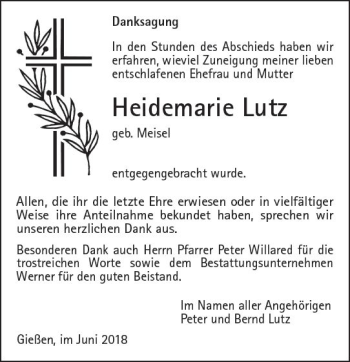 Traueranzeige von Heidemarie Lutz von  Gießener Anzeiger