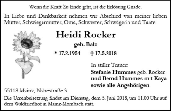 Traueranzeige von Heidi Rocker von Trauerportal Rhein Main Presse