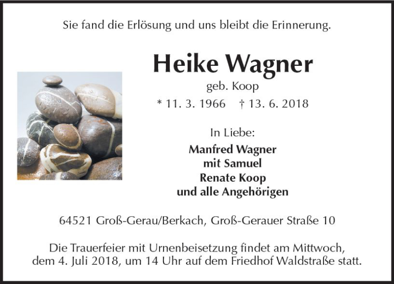  Traueranzeige für Heike Wagner vom 27.06.2018 aus Trauerportal Rhein Main Presse