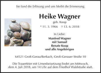 Traueranzeige von Heike Wagner von Trauerportal Rhein Main Presse